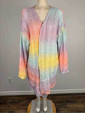 Pastel Rainbow Ombre Open Knit Cardigan Plus Size Long Duster Sweater 8XL